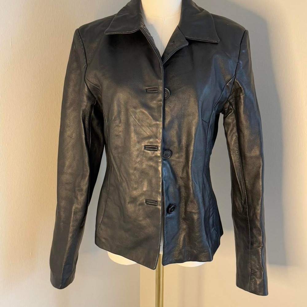 Vintage Margaret Godfrey Black Faux Leather Jacket Button Front Women Size 6